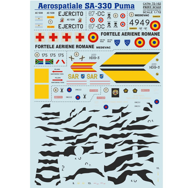 Print Scale 72-162 Decal Aerospatiale SA.330 Puma.The complete set 1.5 leaf Scale 1:72