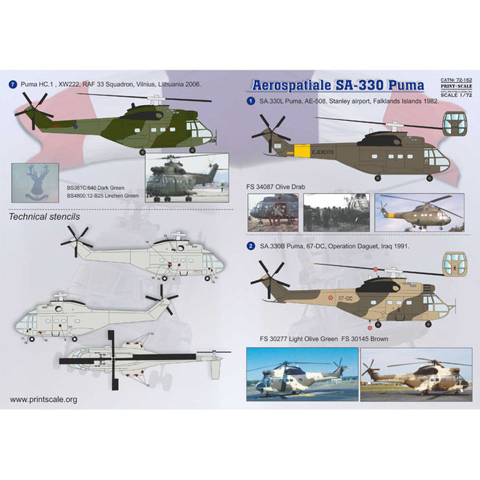 Print Scale 72-162 Decal Aerospatiale SA.330 Puma.The complete set 1.5 leaf Scale 1:72