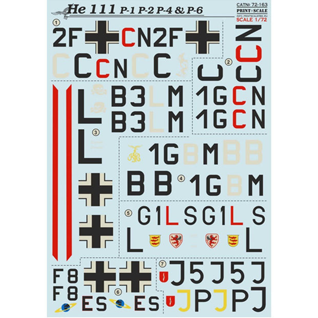 Print Scale 72-163 Decal Heinkel He 111 P-1, P-2, P-4 & P-6 Scale 1:72 for Aircraft Plastic model kit