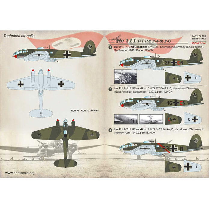 Print Scale 72-163 Decal Heinkel He 111 P-1, P-2, P-4 & P-6 Scale 1:72 for Aircraft Plastic model kit
