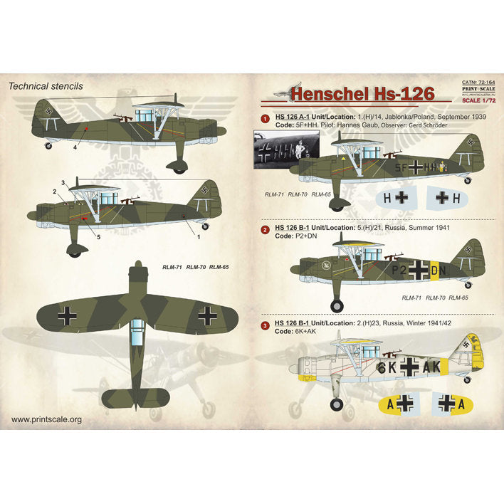 Print Scale 72-164 Decal Henschel Hs 126 Scale 1:72 for Aircraft Plastic model kit