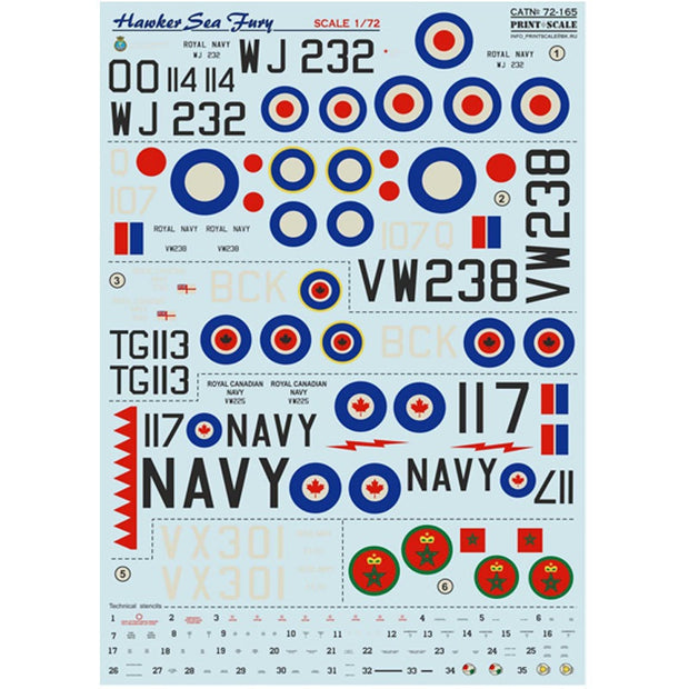 Print Scale 72-165 Decal 1:72 Hawker Sea Fury Part 1. The complete set 1.5 leaf for Aircraft Plastic model kit