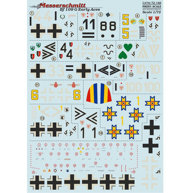 Print Scale 72-166 Decal Messerschmitt Bf 109 G Early Aces 1 Scale 1:72 for Aircraft Plastic model kit