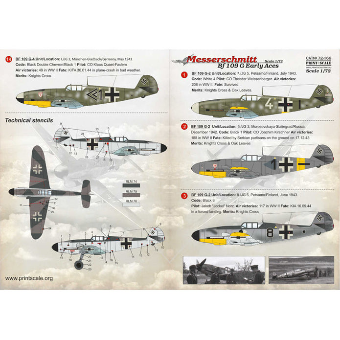 Print Scale 72-166 Decal Messerschmitt Bf 109 G Early Aces 1 Scale 1:72 for Aircraft Plastic model kit