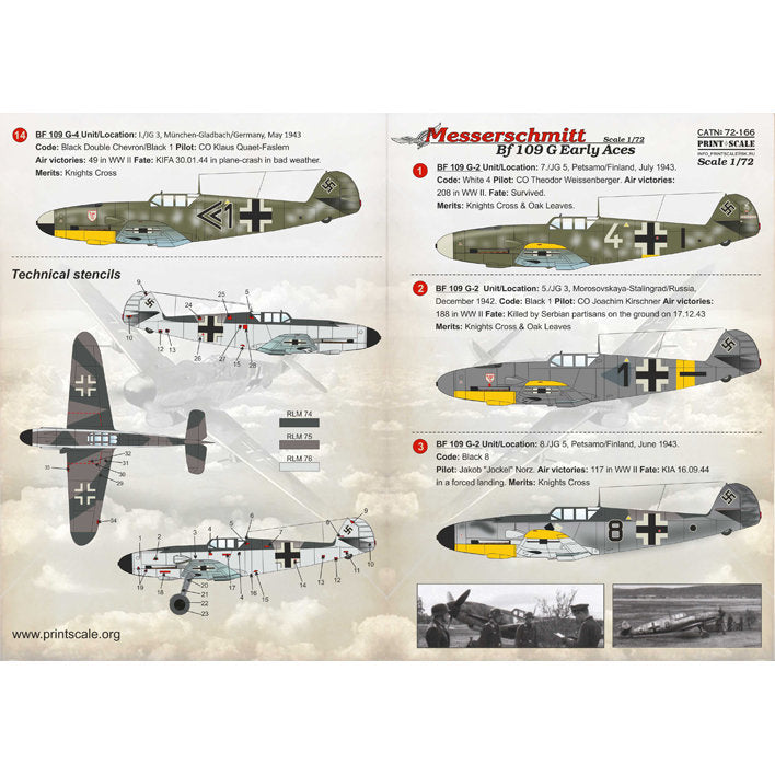 Print Scale 72-166 Decal Messerschmitt Bf 109 G Early Aces 1 Scale 1:72 for Aircraft Plastic model kit