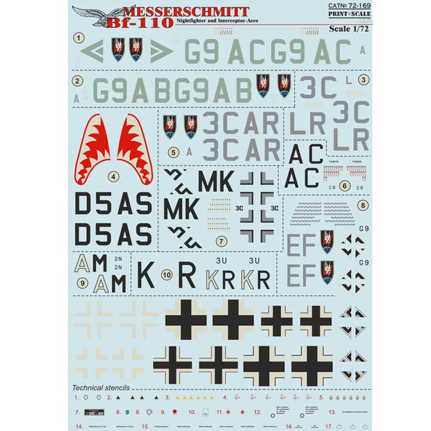 Print Scale 72-169 Decal 1:72 Messerschmitt Bf 110 Night Fighter & Interceptor Aces
