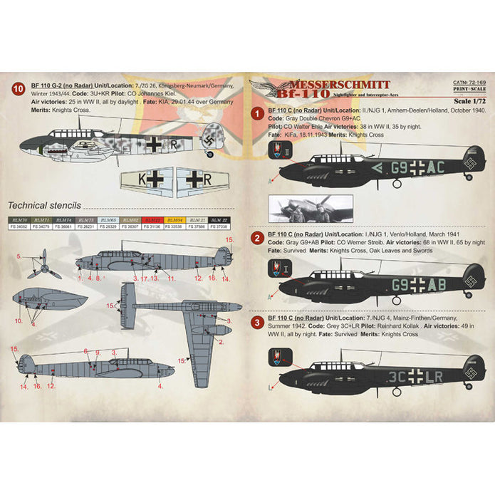 Print Scale 72-169 Decal 1:72 Messerschmitt Bf 110 Night Fighter & Interceptor Aces