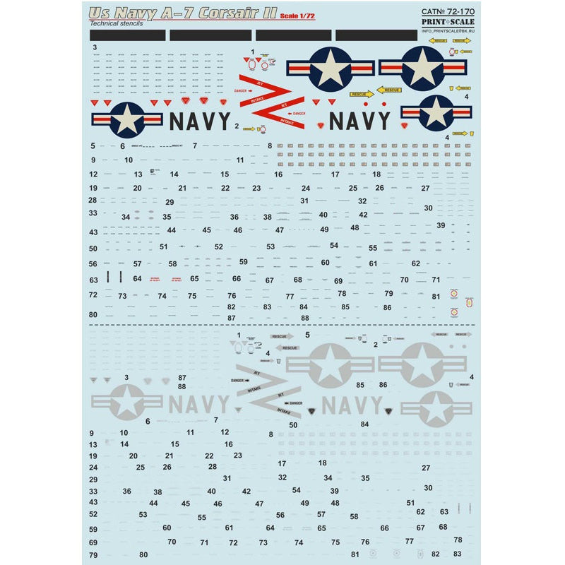 Print Scale 72-170 Decal A-7 Corsair II technical stencils Scale 1:72 for Aircraft Plastic model kit