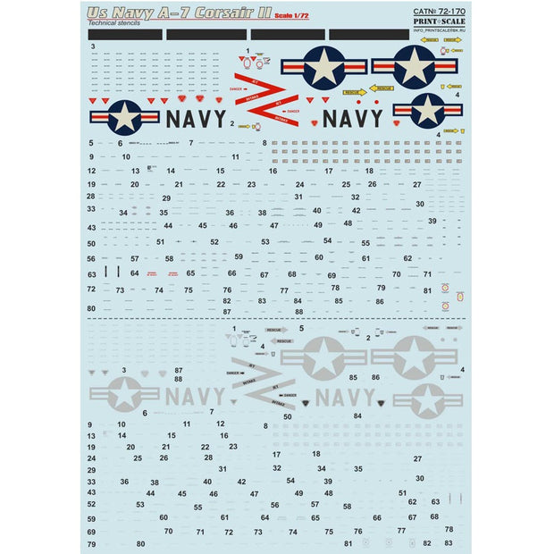 Print Scale 72-170 Decal A-7 Corsair II technical stencils Scale 1:72 for Aircraft Plastic model kit