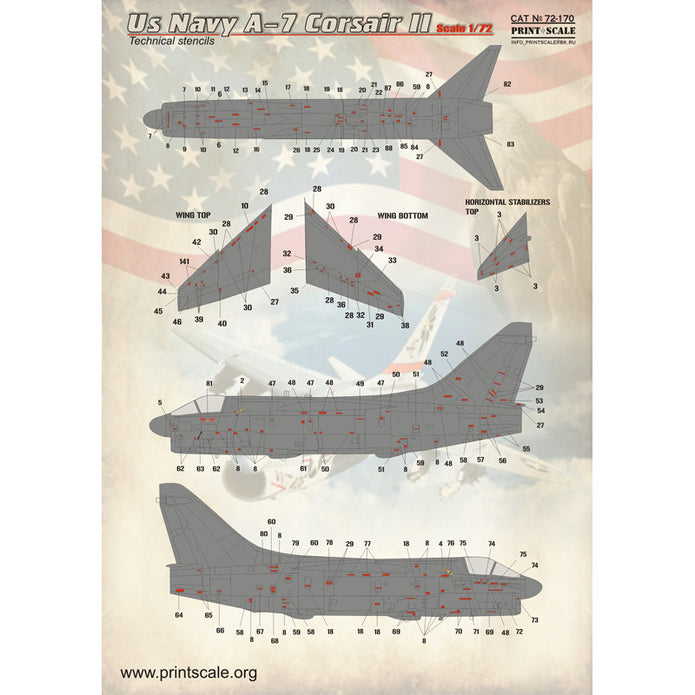 Print Scale 72-170 Decal A-7 Corsair II technical stencils Scale 1:72 for Aircraft Plastic model kit