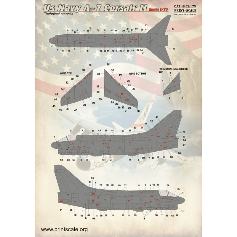 Print Scale 72-170 Decal A-7 Corsair II technical stencils Scale 1:72 for Aircraft Plastic model kit