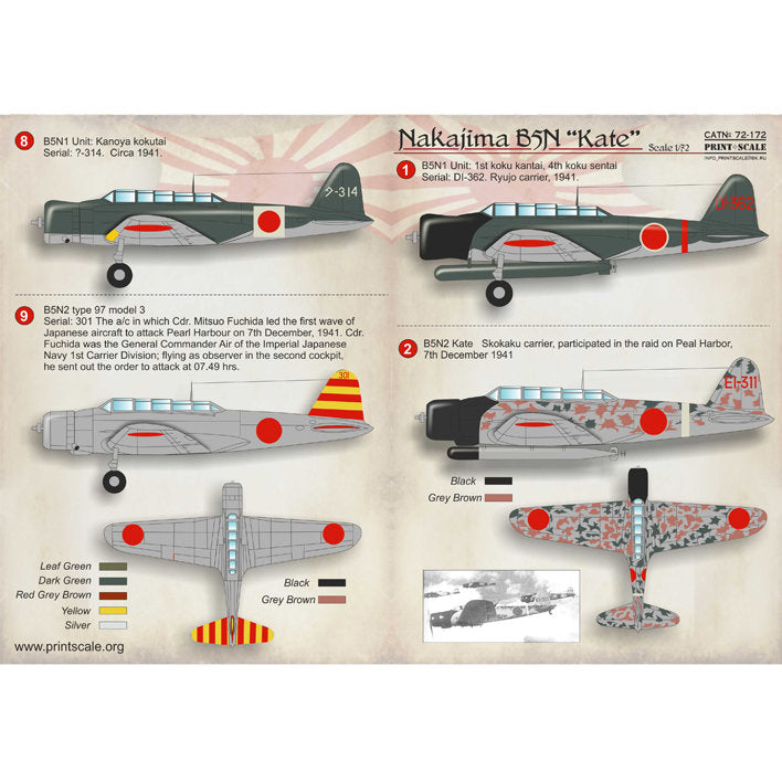 Print Scale 72-172 Decal Nakajima B5N Kate Scale 1:72 for Aircraft Plastic model kit
