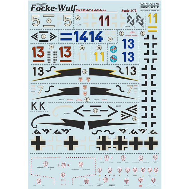 Print Scale 72-174 Decal Focke-Wulf Fw-190 A7&A8 Aces Scale 1:72 for Aircraft Plastic model kit