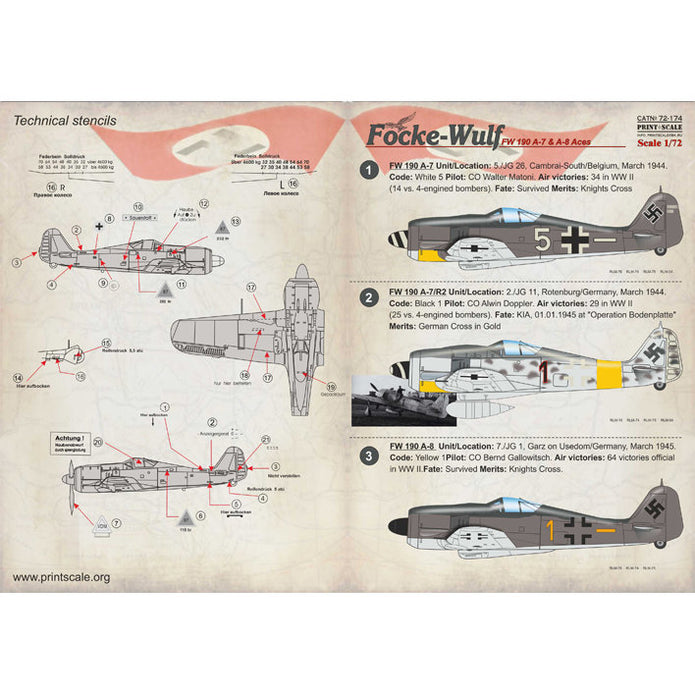 Print Scale 72-174 Decal Focke-Wulf Fw-190 A7&A8 Aces Scale 1:72 for Aircraft Plastic model kit