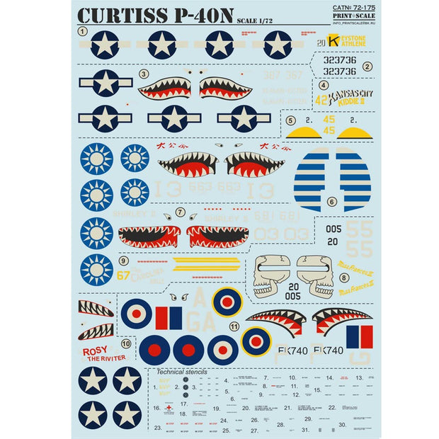 Print Scale 72-175 Decal Curtiss P-40N Scale 1:72 for Aircraft Plastic model kit