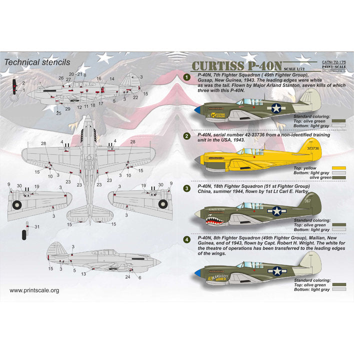 Print Scale 72-175 Decal Curtiss P-40N Scale 1:72 for Aircraft Plastic model kit