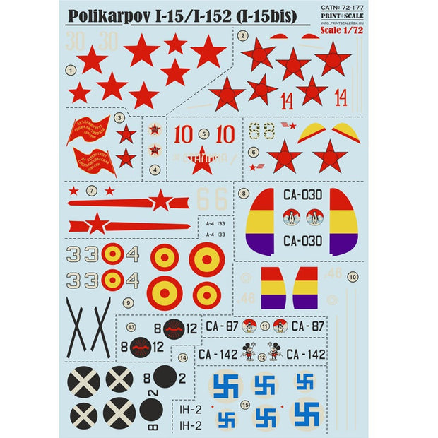 Print Scale 72-177 Decal Polikarpov I-15/I-152 (I-15bis) Scale 1:72 for Aircraft Plastic model kit