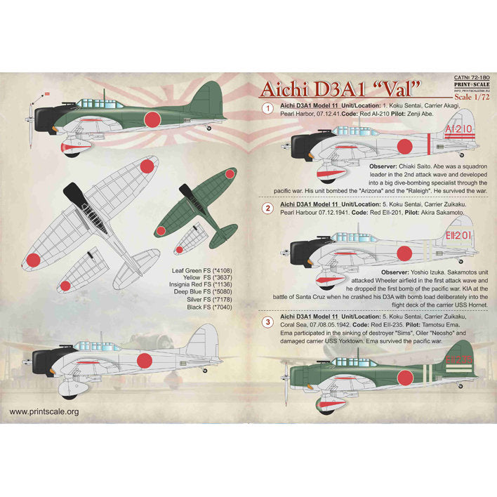 Print Scale 72-180 Decal Aichi D3A1 Val Scale 1:72 for Aircraft Plastic model kit