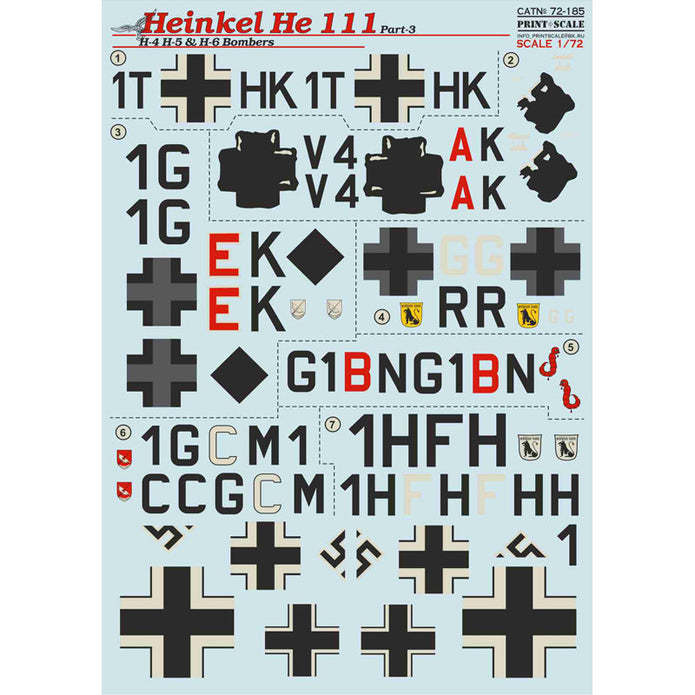 Print Scale 72-185 Decal Heinkel He-111 H-4, H-5 & H-6 Bombers, Part 3 Scale 1:72 for Aircraft Plastic model kit