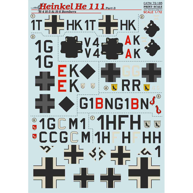 Print Scale 72-185 Decal Heinkel He-111 H-4, H-5 & H-6 Bombers, Part 3 Scale 1:72 for Aircraft Plastic model kit