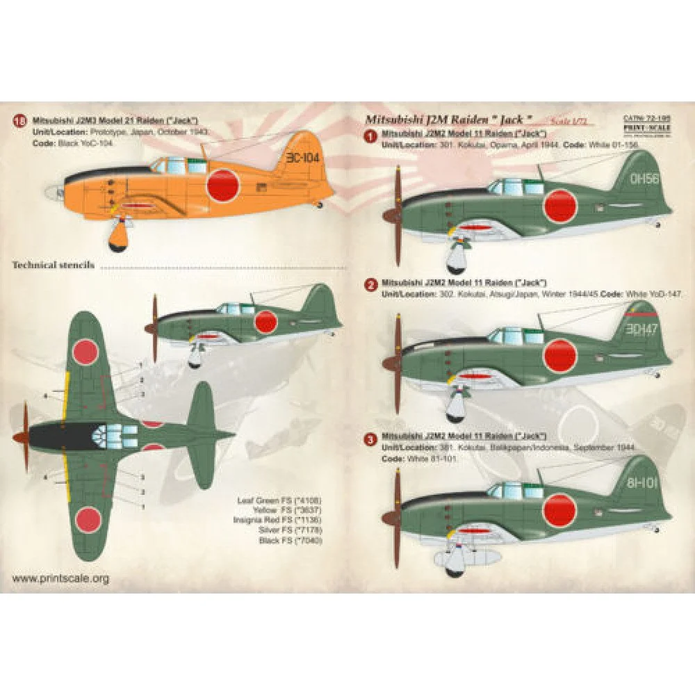 Print Scale 72-195 Decal Mitsubishi J2M Raiden Scale 1:72 for Aircraft Plastic model kit