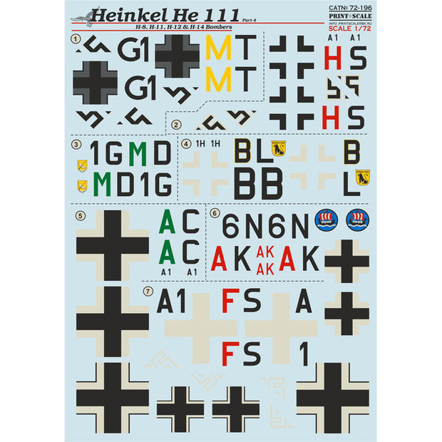 Print Scale 72-196 Decal Heinkel He.111 Part 4 Scale 1:72 for Aircraft Plastic model kit