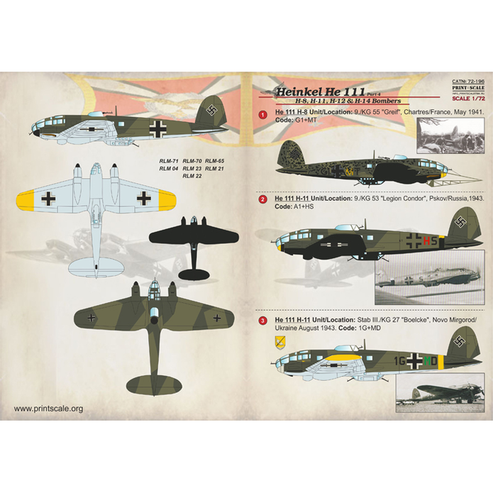 Print Scale 72-196 Decal Heinkel He.111 Part 4 Scale 1:72 for Aircraft Plastic model kit