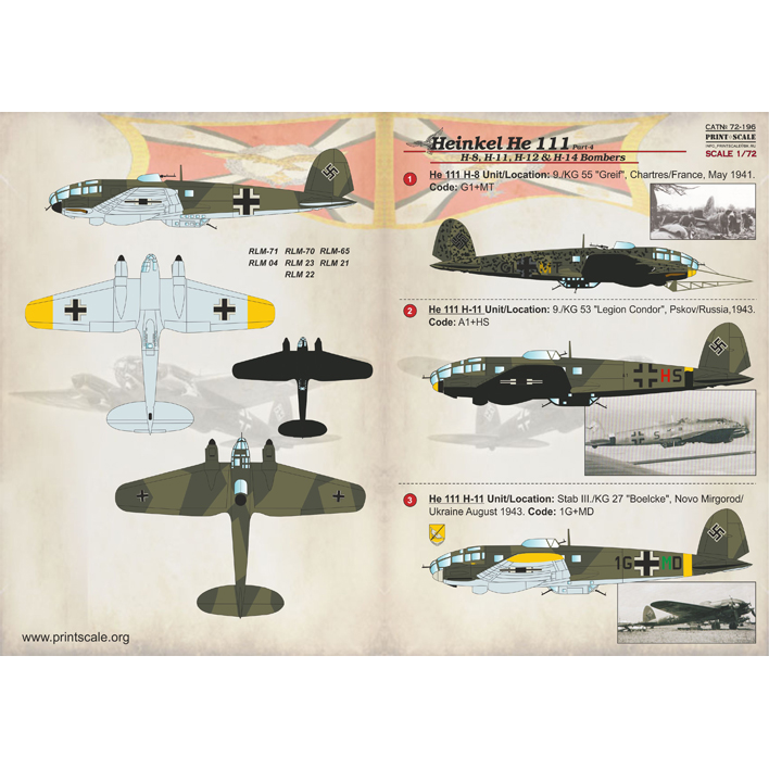 Print Scale 72-196 Decal Heinkel He.111 Part 4 Scale 1:72 for Aircraft Plastic model kit