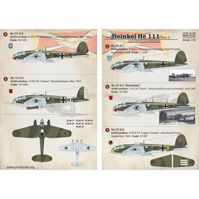 Print Scale 72-198 Decal Heinkel He.111 Part 2 Scale 1:72 for Aircraft Plastic model kit