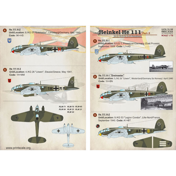 Print Scale 72-198 Decal Heinkel He.111 Part 2 Scale 1:72 for Aircraft Plastic model kit