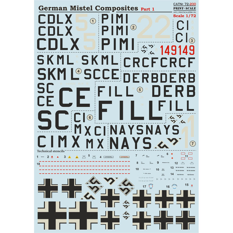 Print Scale 72-200 Decal German Mistel Composites Part 1 Scale 1:72 for Aircraft Plastic model kit