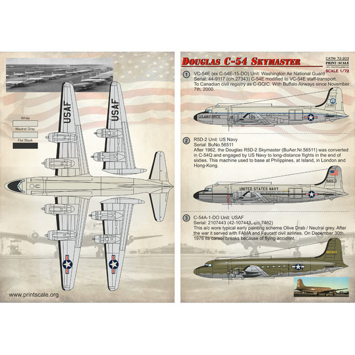Print Scale 72-203 Decal Douglas C-54 Skymaster Scale 1:72 for Aircraft Plastic model kit