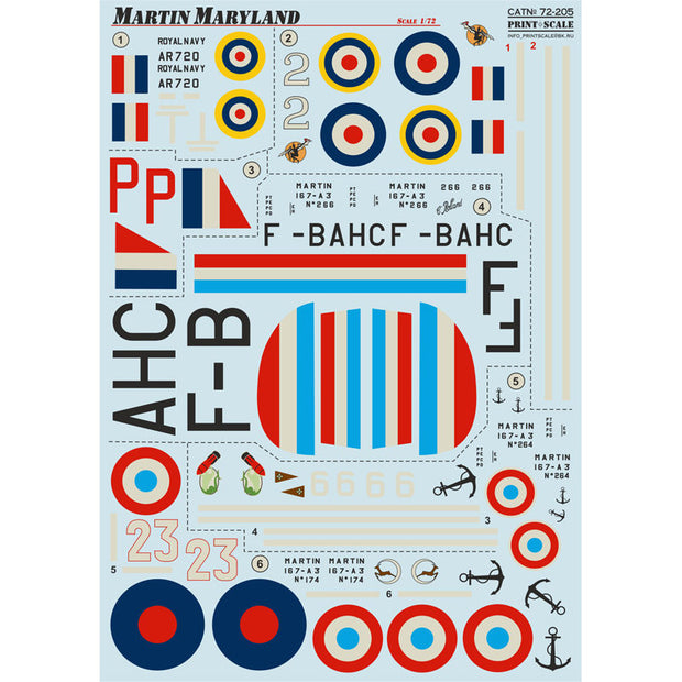 Print Scale 72-205 Decal Martin Type 167 Maryland Scale 1:72 for Aircraft Plastic model kit