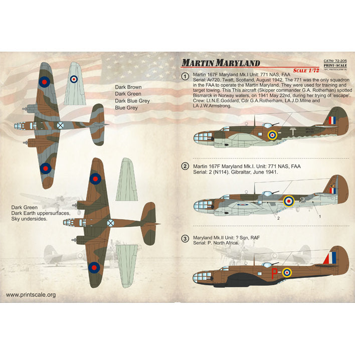 Print Scale 72-205 Decal Martin Type 167 Maryland Scale 1:72 for Aircraft Plastic model kit