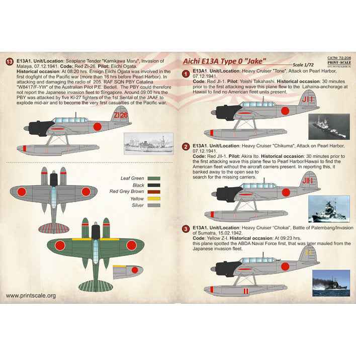 Print Scale 72-206 Decal Aichi E13A Type 0 Jake Scale 1:72 for Aircraft Plastic model kit