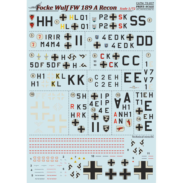 Print Scale 72-207 Decal Focke Wulf FW 189 A Recon Scale 1:72 for Aircraft Plastic model kit