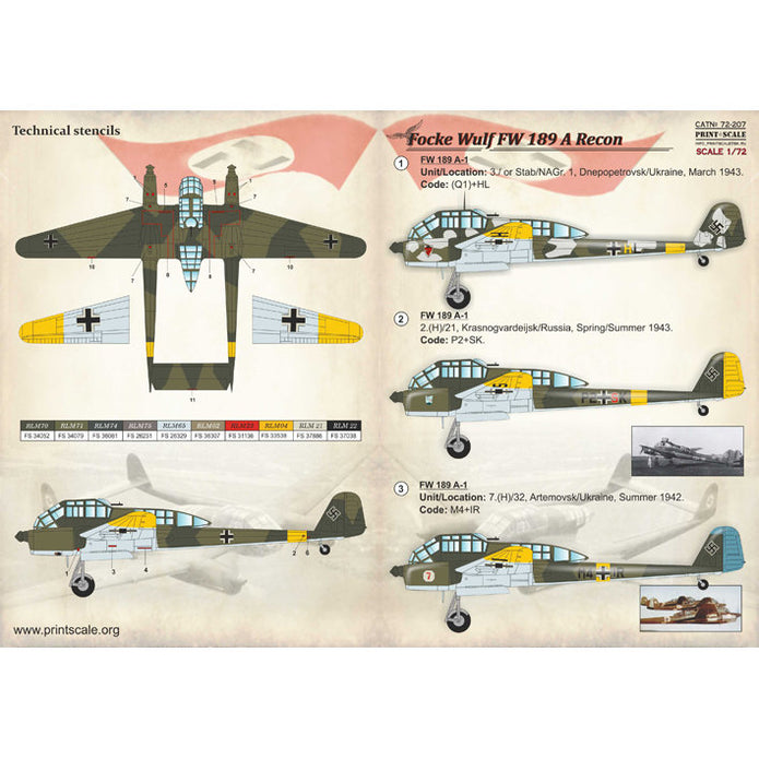 Print Scale 72-207 Decal Focke Wulf FW 189 A Recon Scale 1:72 for Aircraft Plastic model kit