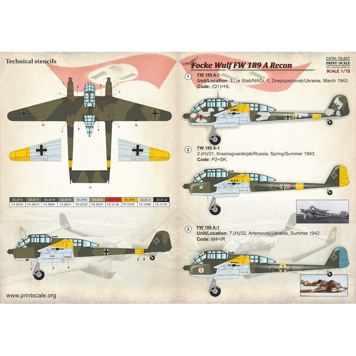 Print Scale 72-207 Decal Focke Wulf FW 189 A Recon Scale 1:72 for Aircraft Plastic model kit