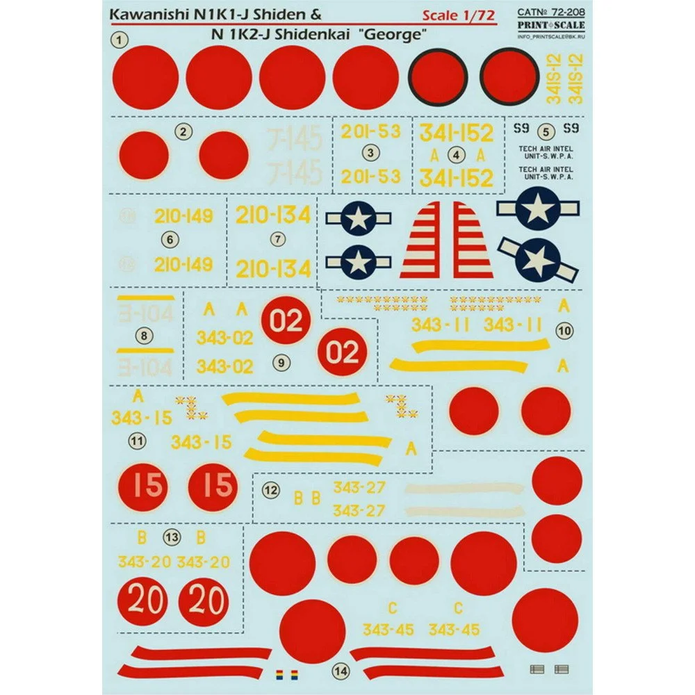 Print Scale 72-208 Decal Kawanishi N1K1-J Shiden & N1K2-J Shidenkai Scale 1:72 for Aircraft Plastic model kit