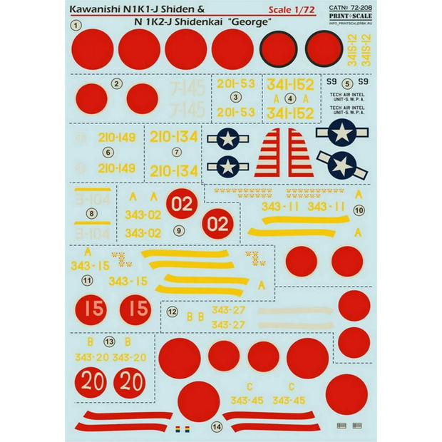 Print Scale 72-208 Decal Kawanishi N1K1-J Shiden & N1K2-J Shidenkai Scale 1:72 for Aircraft Plastic model kit