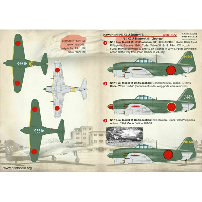 Print Scale 72-208 Decal Kawanishi N1K1-J Shiden & N1K2-J Shidenkai Scale 1:72 for Aircraft Plastic model kit