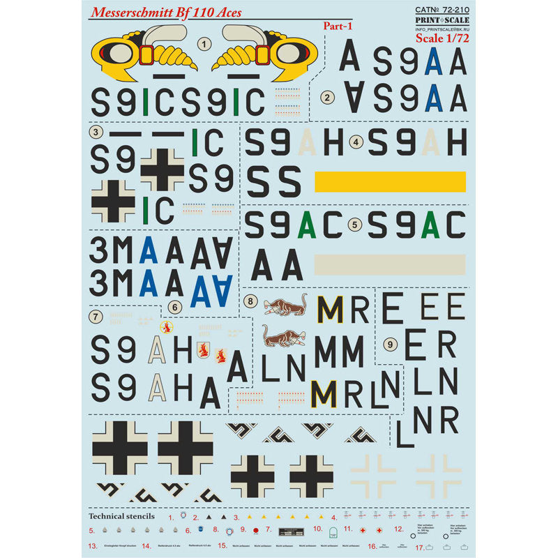 Print Scale 72-210 Decal Messerschmitt Bf 110 Zerstorer Top Pilots Part 1 Scale 1:72 for Aircraft Plastic model kit