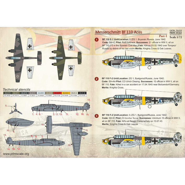Print Scale 72-210 Decal Messerschmitt Bf 110 Zerstorer Top Pilots Part 1 Scale 1:72 for Aircraft Plastic model kit
