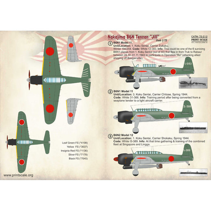 Print Scale 72-212 Decal Nakajima B6N Tenzan Jill Scale 1:72 for Aircraft Plastic model kit