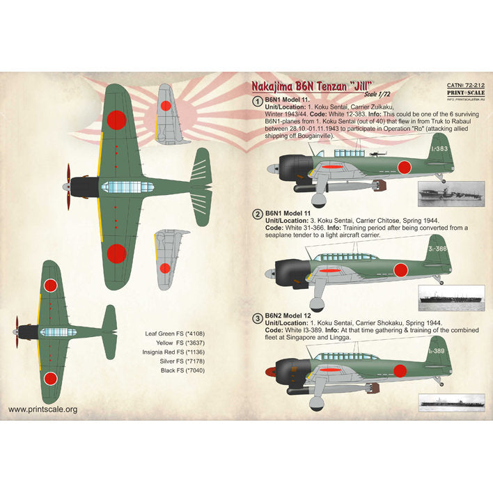 Print Scale 72-212 Decal Nakajima B6N Tenzan Jill Scale 1:72 for Aircraft Plastic model kit