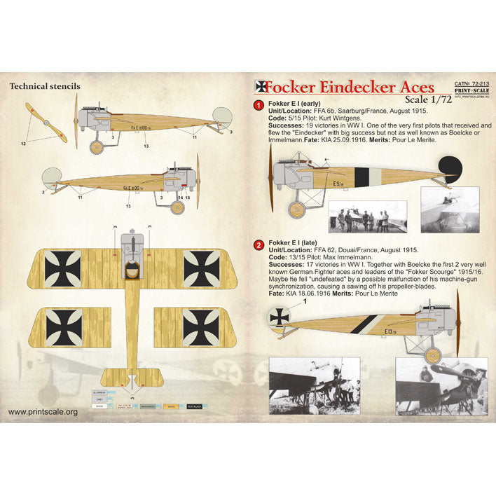 Print Scale 72-213 Decal FoKker Eindecker Top Pilots Scale 1:72 for Aircraft Plastic model kit