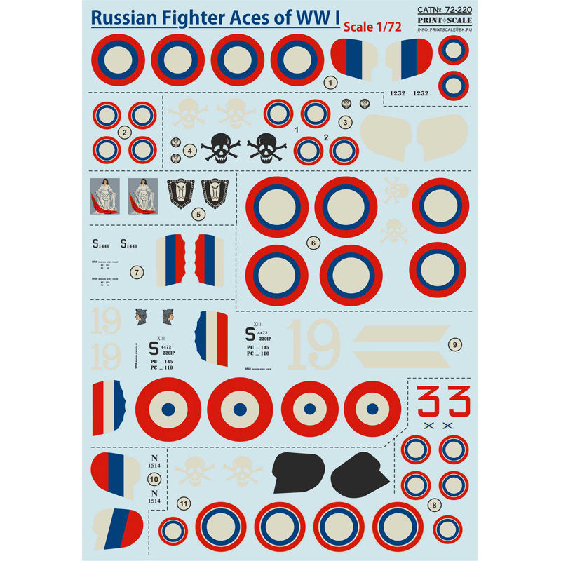 Print Scale 72-220 Decal Russian Fighter Aces of WW I Scale 1:72 for Aircraft Plastic model kit