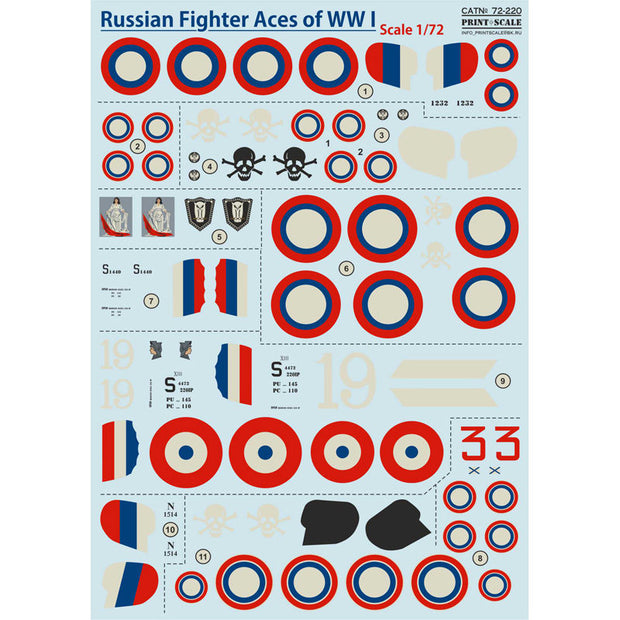Print Scale 72-220 Decal Russian Fighter Aces of WW I Scale 1:72 for Aircraft Plastic model kit