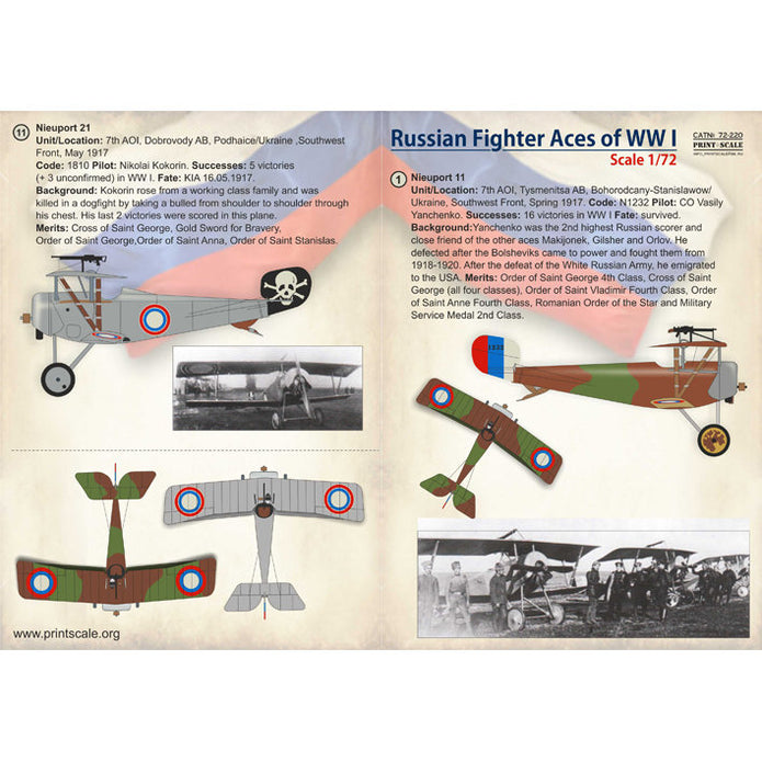Print Scale 72-220 Decal Russian Fighter Aces of WW I Scale 1:72 for Aircraft Plastic model kit