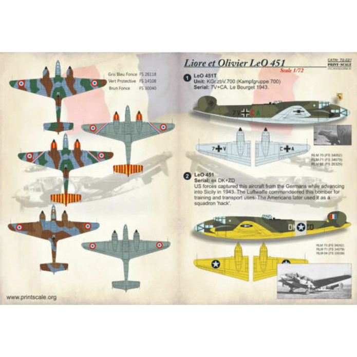 Print Scale 72-221 Decal Liore et Olivier LeO 45 Scale 1:72 for Aircraft Plastic model kit
